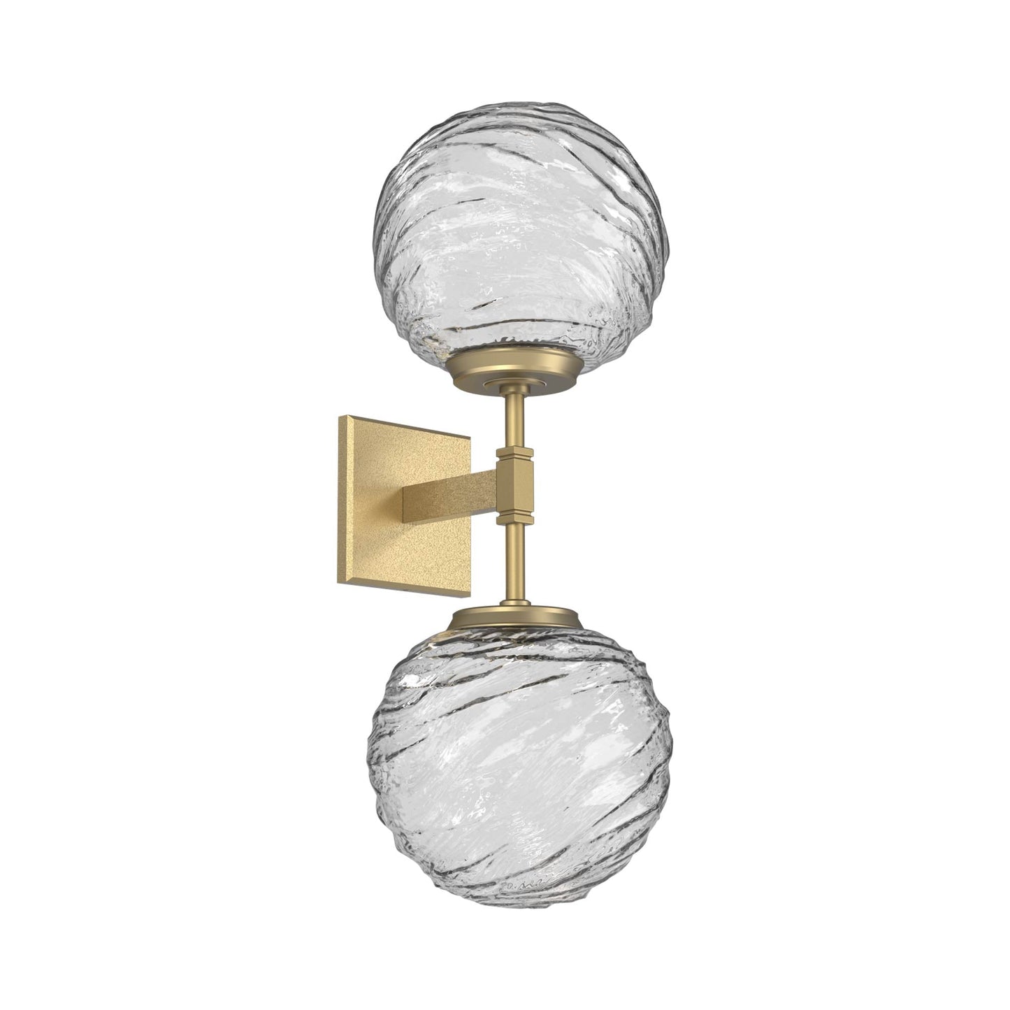 Gaia Double LED Wall Light in Gilded Brass/Clear Blown Glass.