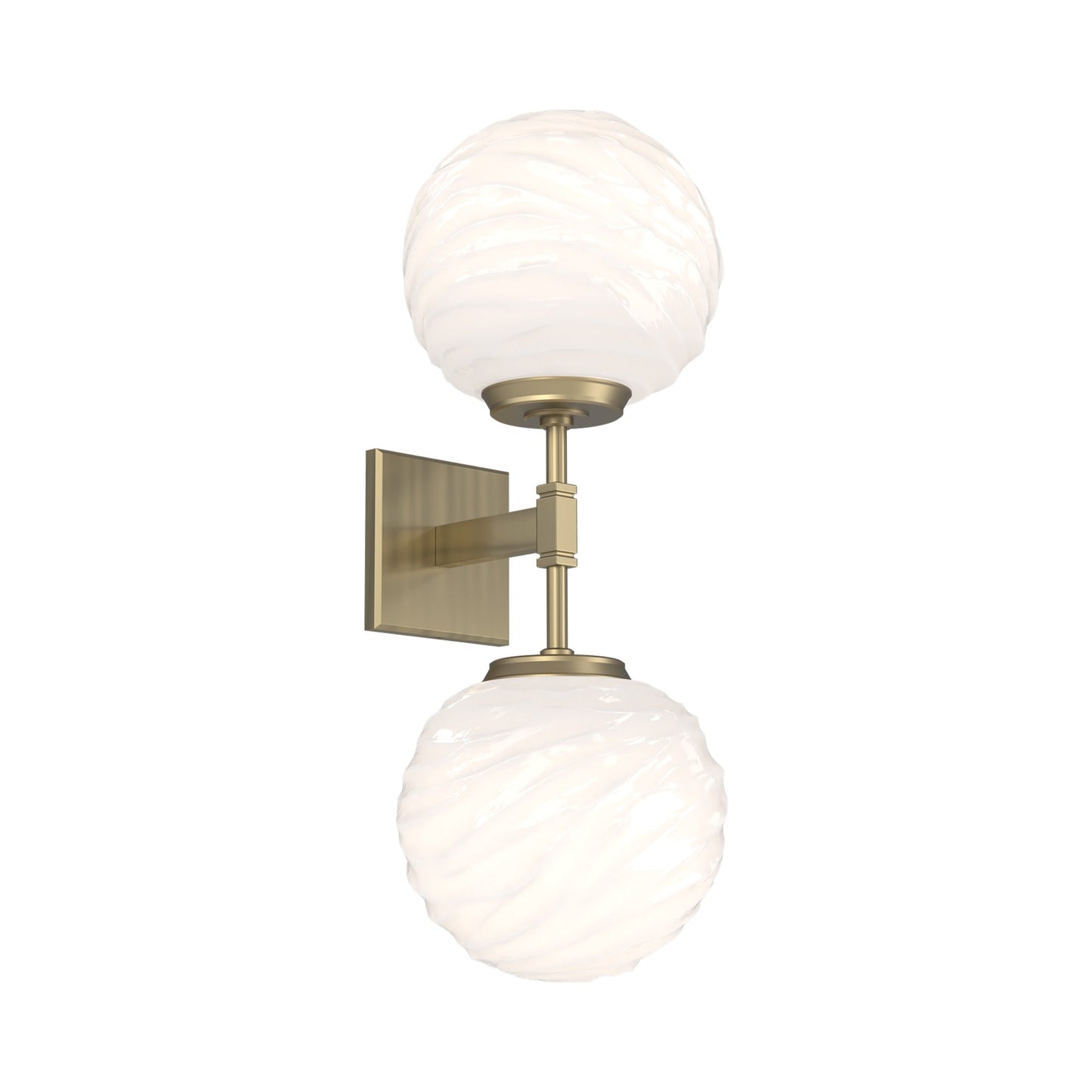 Gaia Double LED Wall Light in Heritage Brass/White Blown Glass.