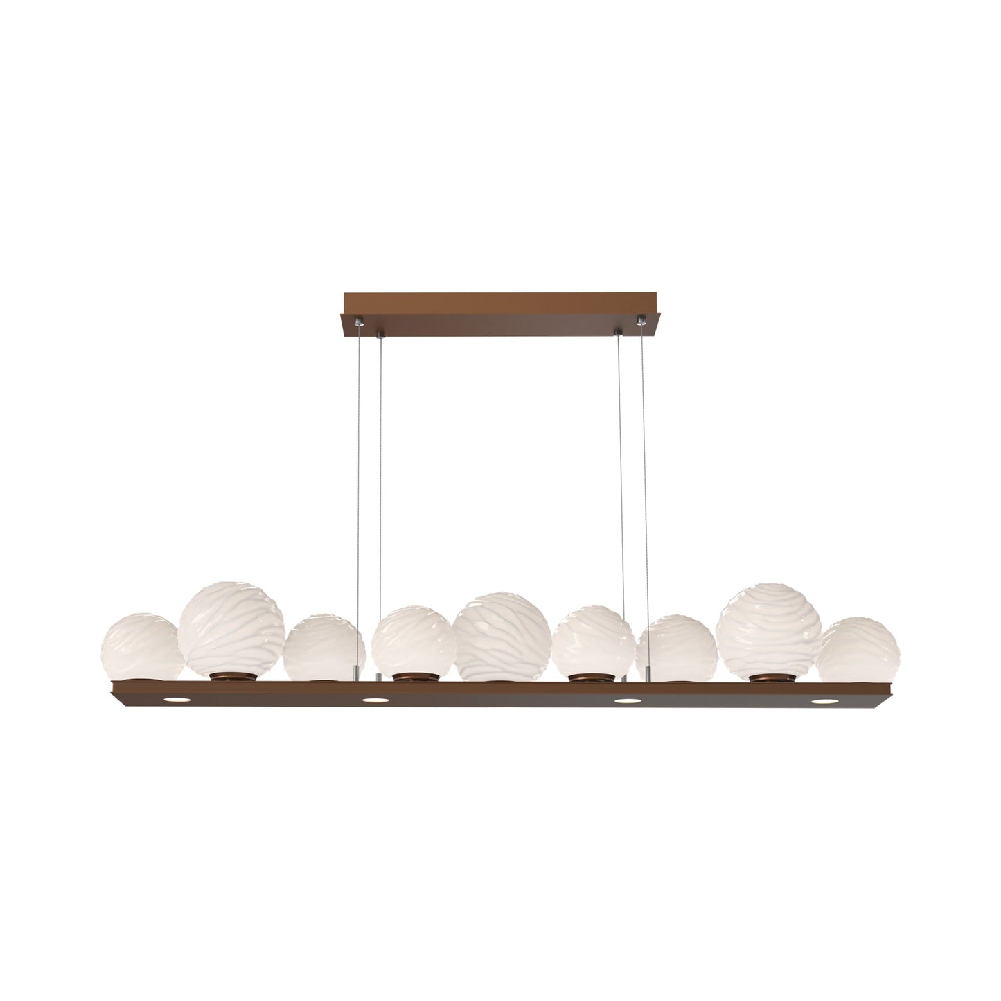Gaia Linear LED Chandelier in Burnished Bronze/White Blown Glass (59-Inch).