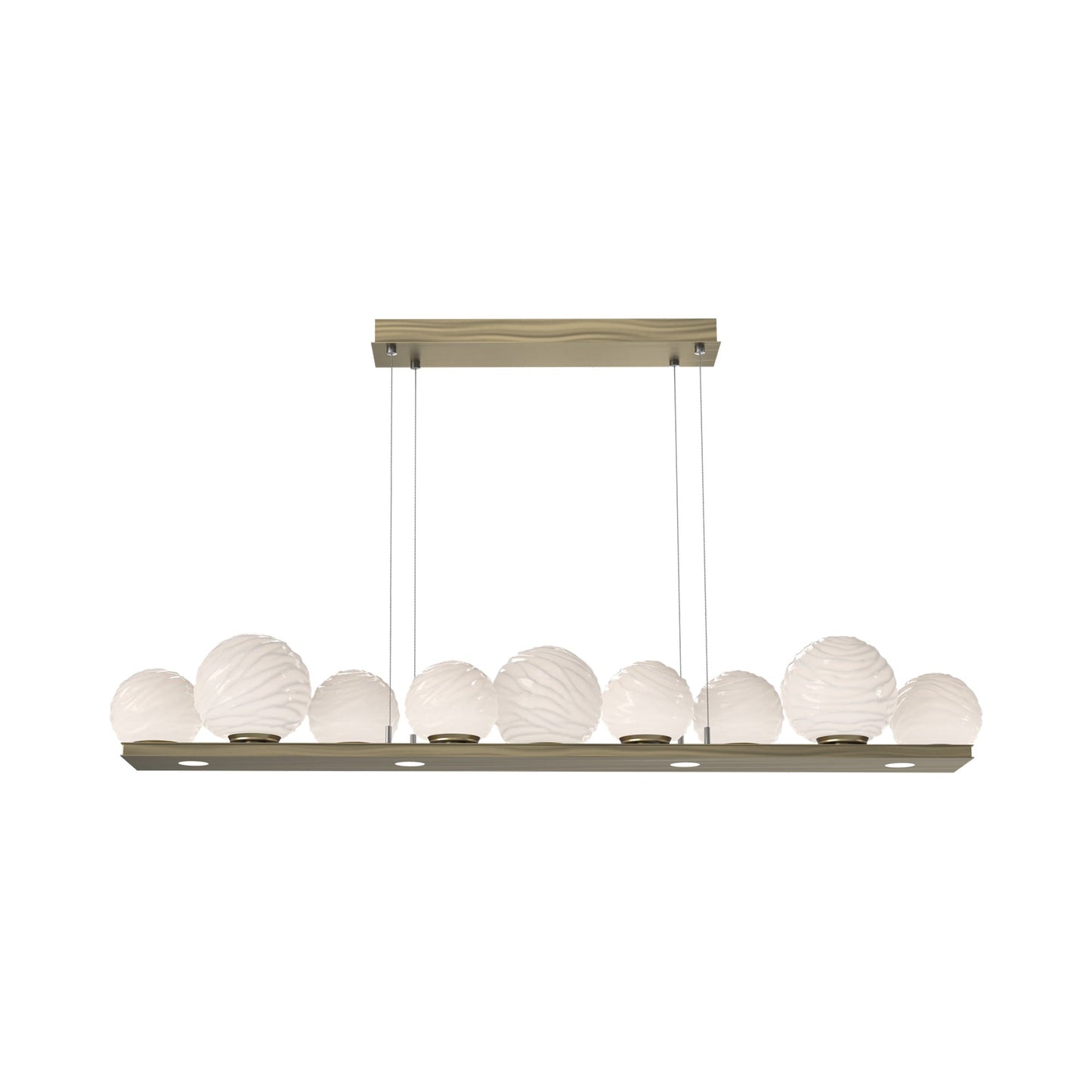 Gaia Linear LED Chandelier in Heritage Brass/White Blown Glass (59-Inch).