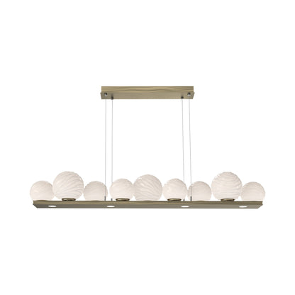 Gaia Linear LED Chandelier in Heritage Brass/White Blown Glass (59-Inch).