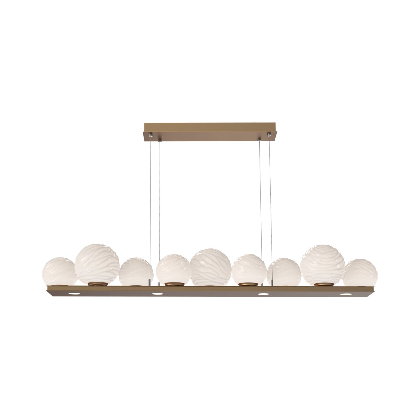 Gaia Linear LED Chandelier in Novel Brass/White Blown Glass (59-Inch).