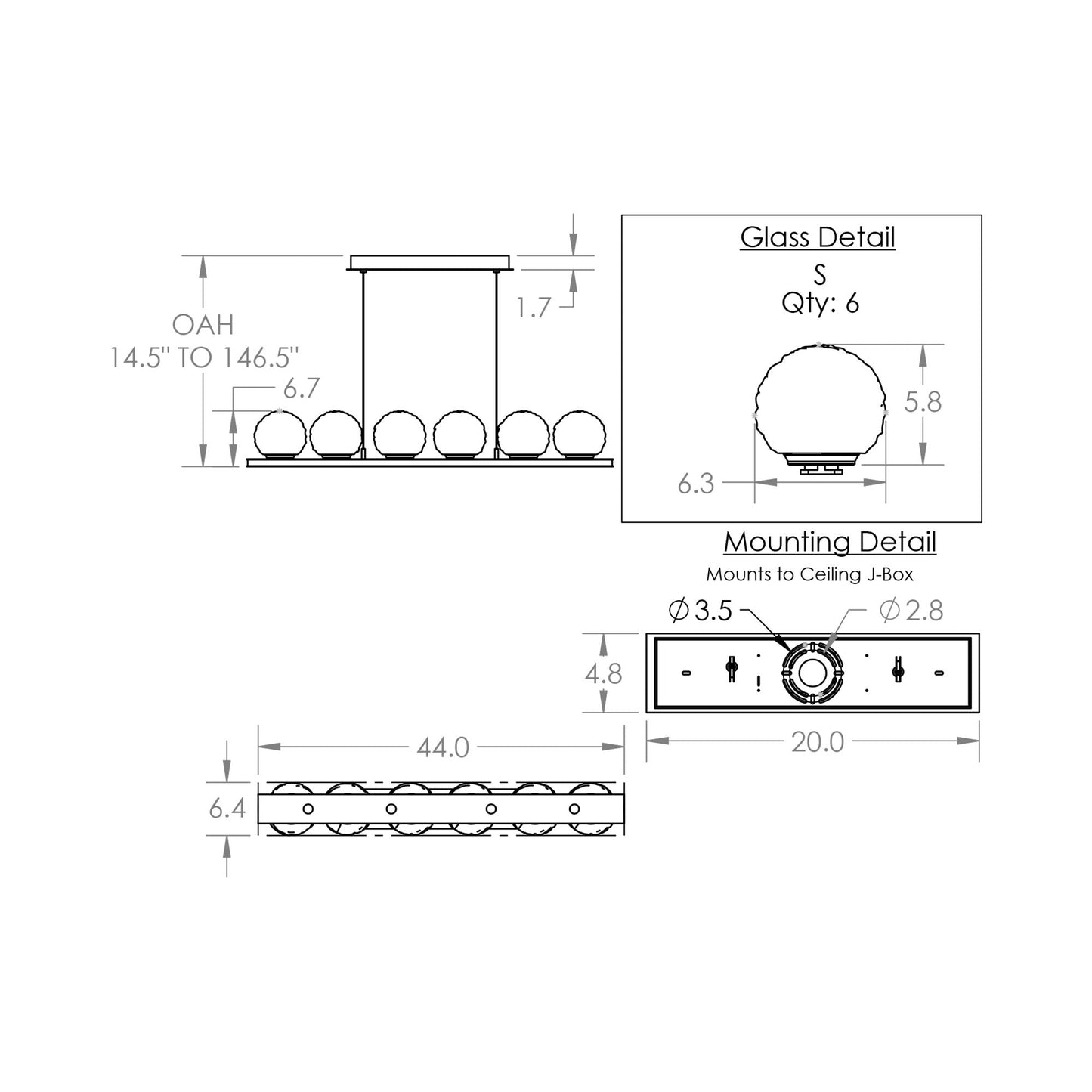 Gaia Linear LED Chandelier - line drawing.