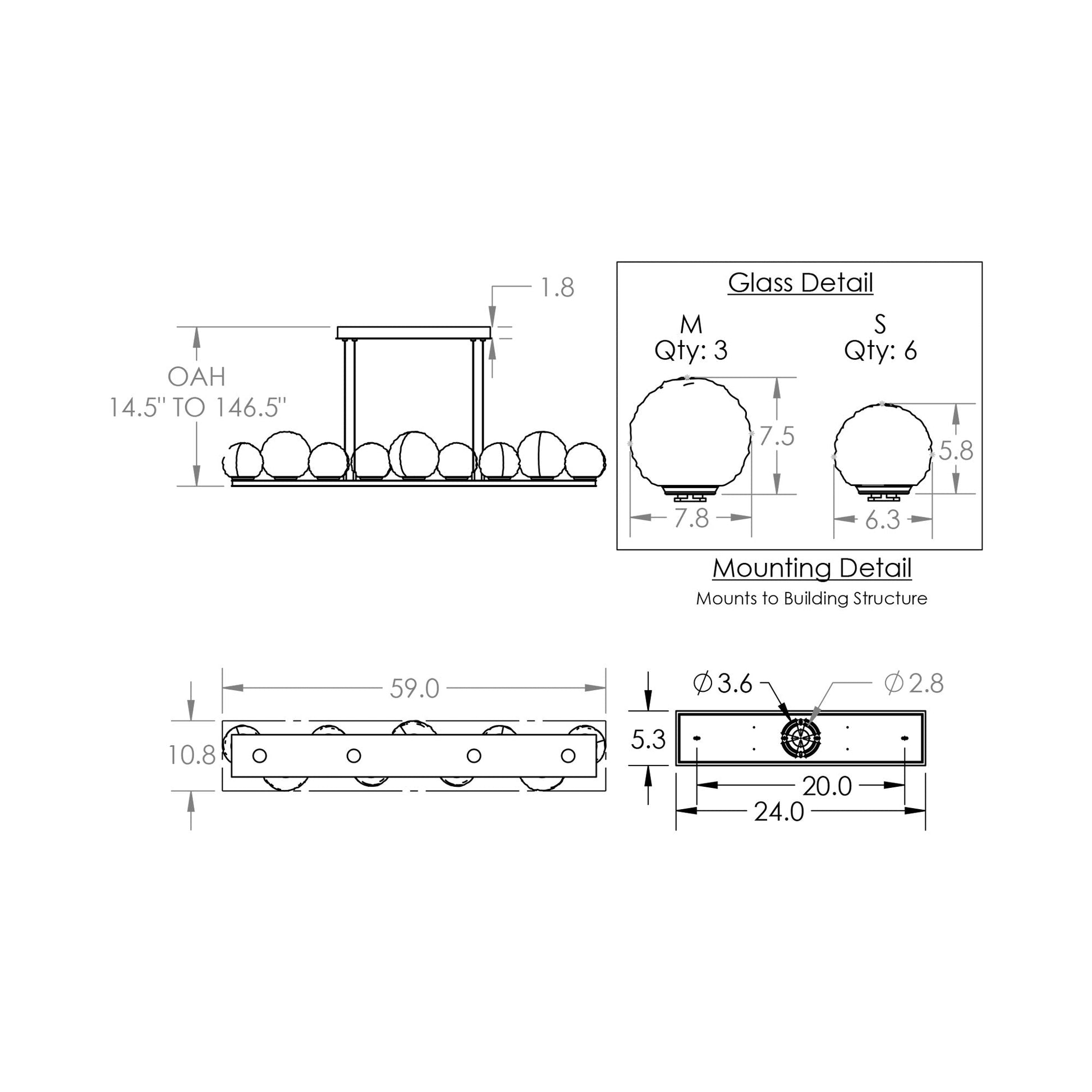 Gaia Linear LED Chandelier - line drawing.