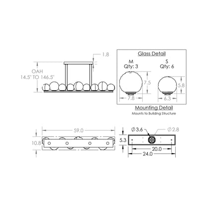 Gaia Linear LED Chandelier - line drawing.