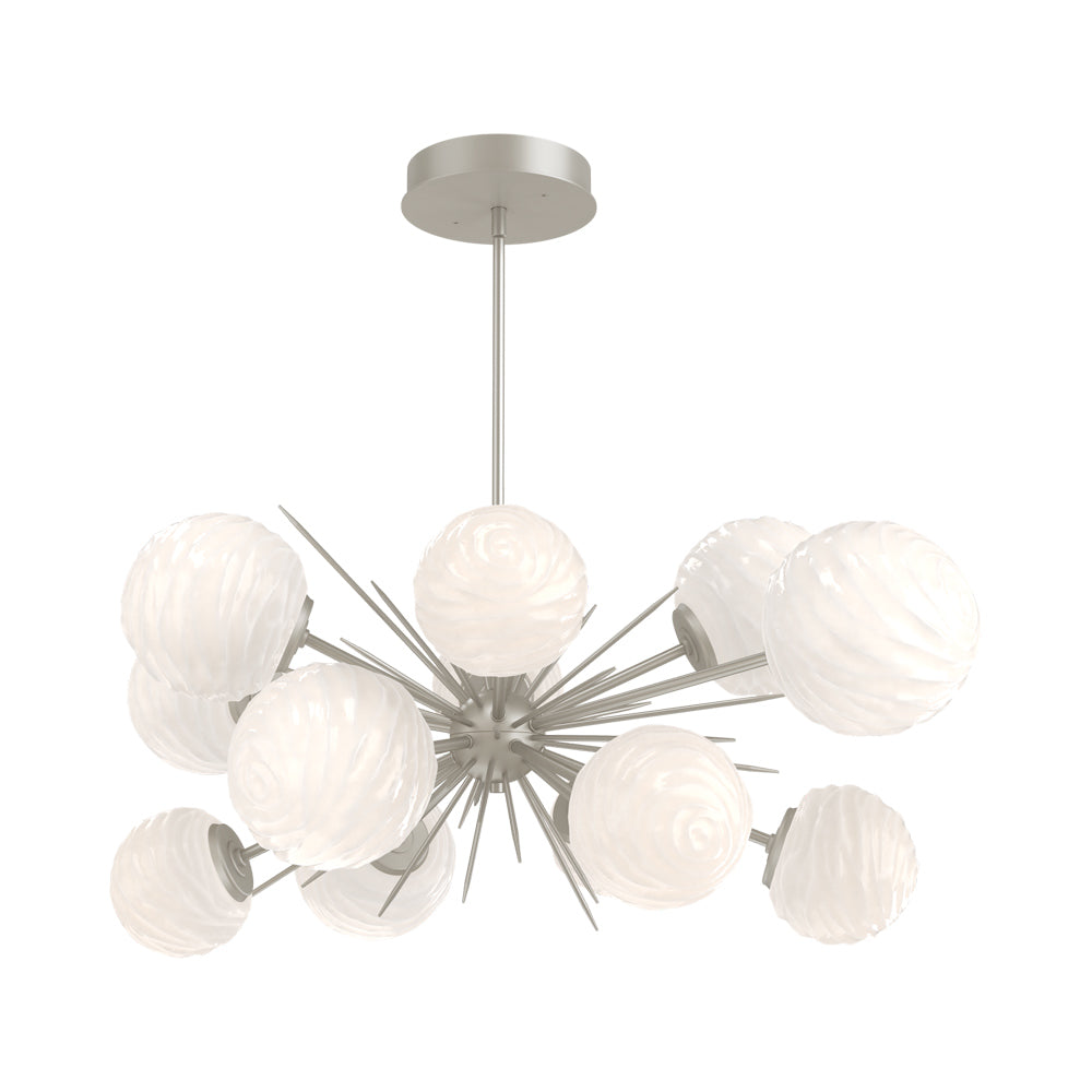 Gaia Oval Starburst LED Chandelier in Beige Silver/White Blown Glass.