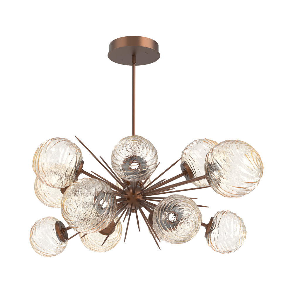 Gaia Oval Starburst LED Chandelier in Burnished Bronze/Amber Blown Glass.