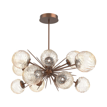 Gaia Oval Starburst LED Chandelier in Burnished Bronze/Amber Blown Glass.