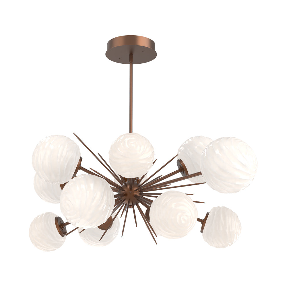 Gaia Oval Starburst LED Chandelier in Burnished Bronze/White Blown Glass.