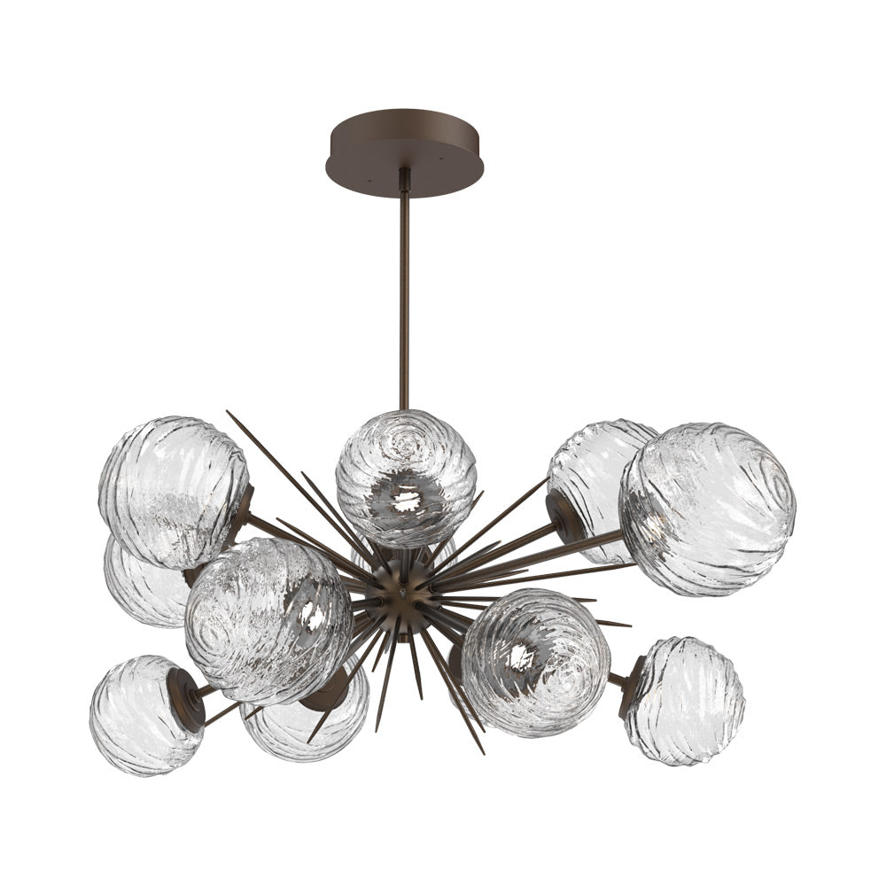 Gaia Oval Starburst LED Chandelier in Flat Bronze/Clear Blown Glass.
