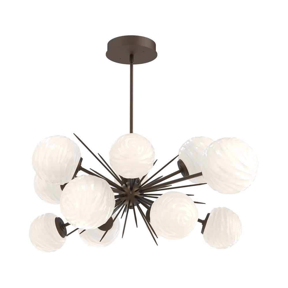 Gaia Oval Starburst LED Chandelier in Flat Bronze/White Blown Glass.