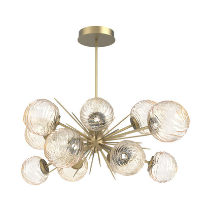 Gaia Oval Starburst LED Chandelier in Gilded Brass/Amber Blown Glass.