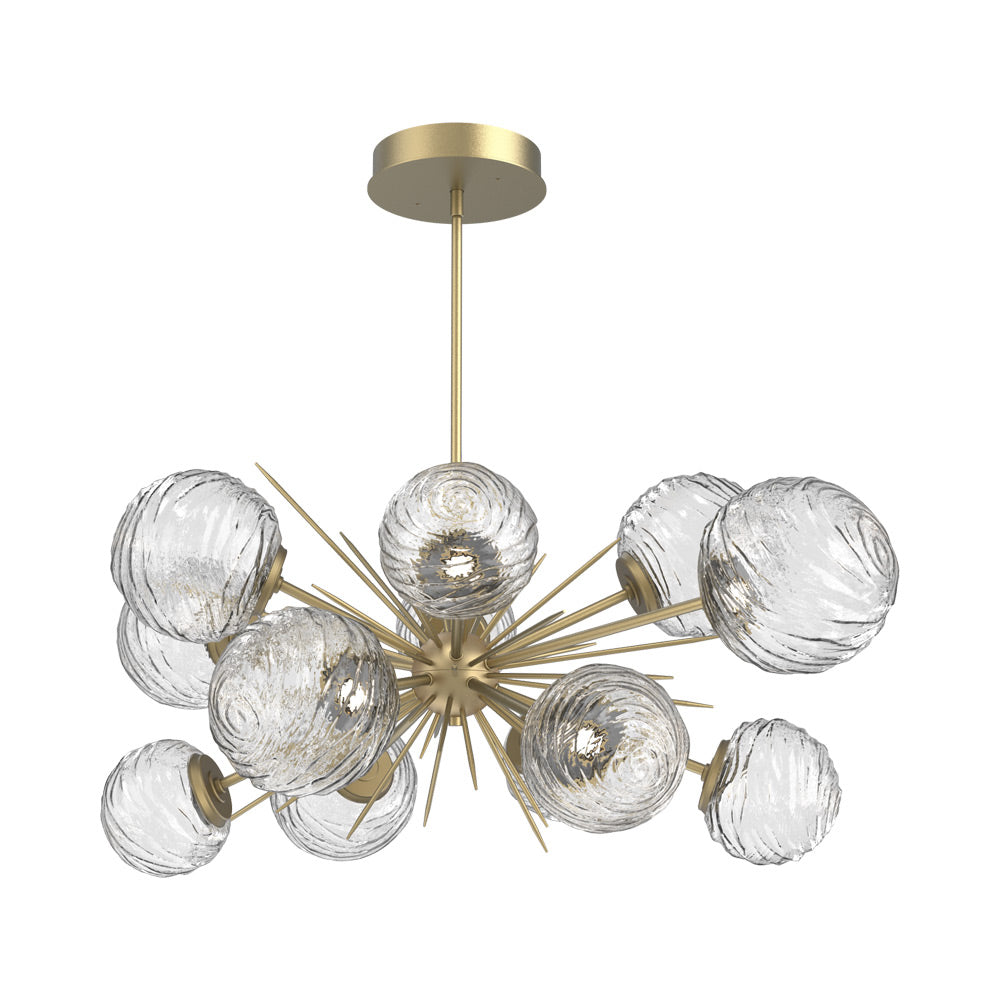 Gaia Oval Starburst LED Chandelier in Gilded Brass/Clear Blown Glass.