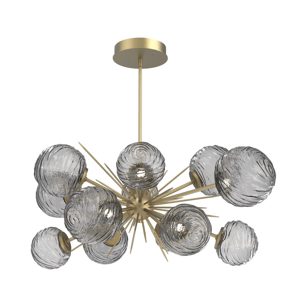 Gaia Oval Starburst LED Chandelier in Gilded Brass/Smoke Blown Glass.