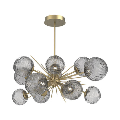 Gaia Oval Starburst LED Chandelier in Gilded Brass/Smoke Blown Glass.