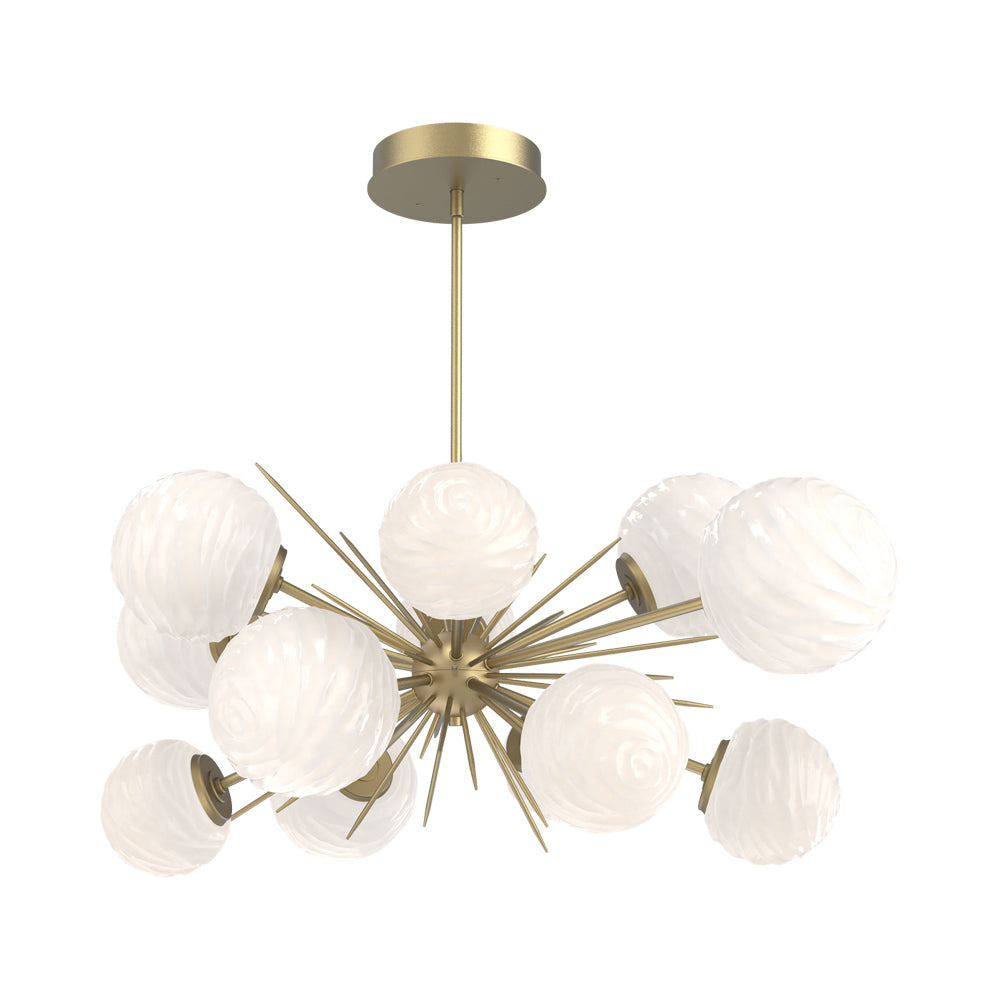 Gaia Oval Starburst LED Chandelier in Gilded Brass/White Blown Glass.
