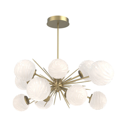 Gaia Oval Starburst LED Chandelier in Gilded Brass/White Blown Glass.