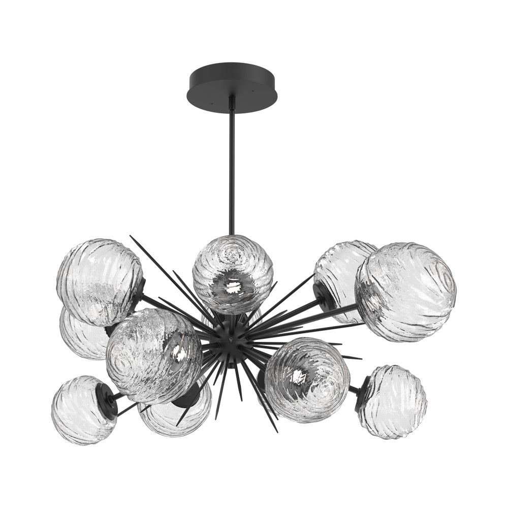 Gaia Oval Starburst LED Chandelier in Matte Black/Clear Blown Glass.