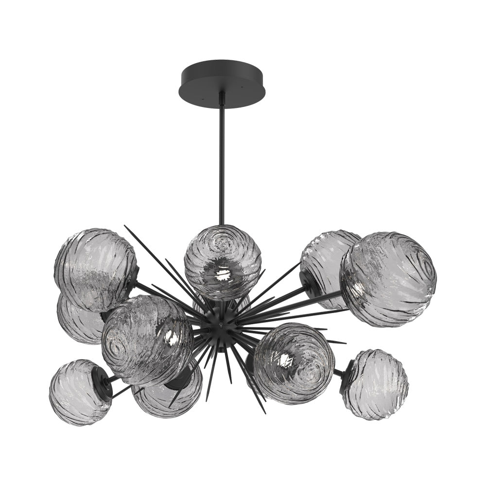 Gaia Oval Starburst LED Chandelier in Matte Black/Smoke Blown Glass.
