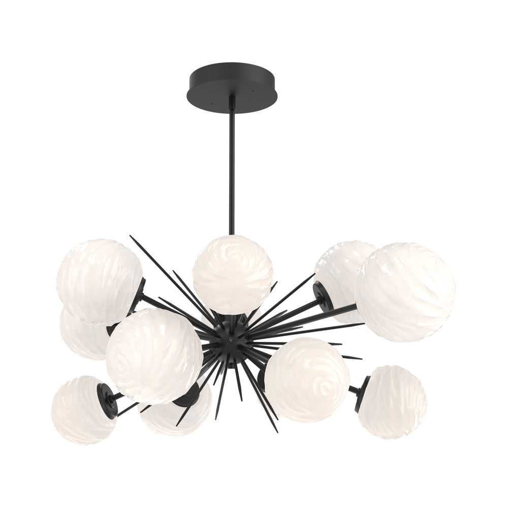 Gaia Oval Starburst LED Chandelier in Matte Black/White Blown Glass.
