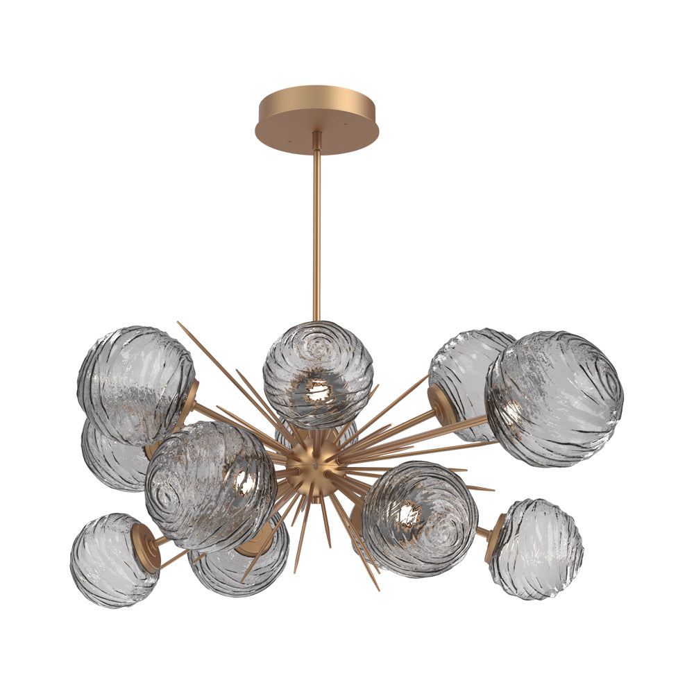 Gaia Oval Starburst LED Chandelier in Novel Brass/Smoke Blown Glass.