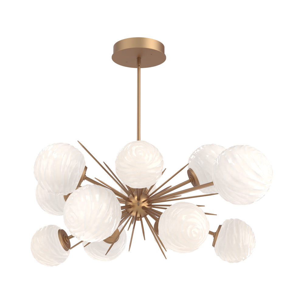 Gaia Oval Starburst LED Chandelier in Novel Brass/White Blown Glass.