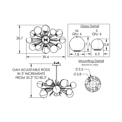 Gaia Oval Starburst LED Chandelier - line drawing.