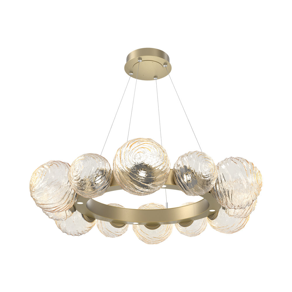 Gaia Radial Ring LED Chandelier in Gilded Brass/Amber Blown Glass (38.7-Inch).