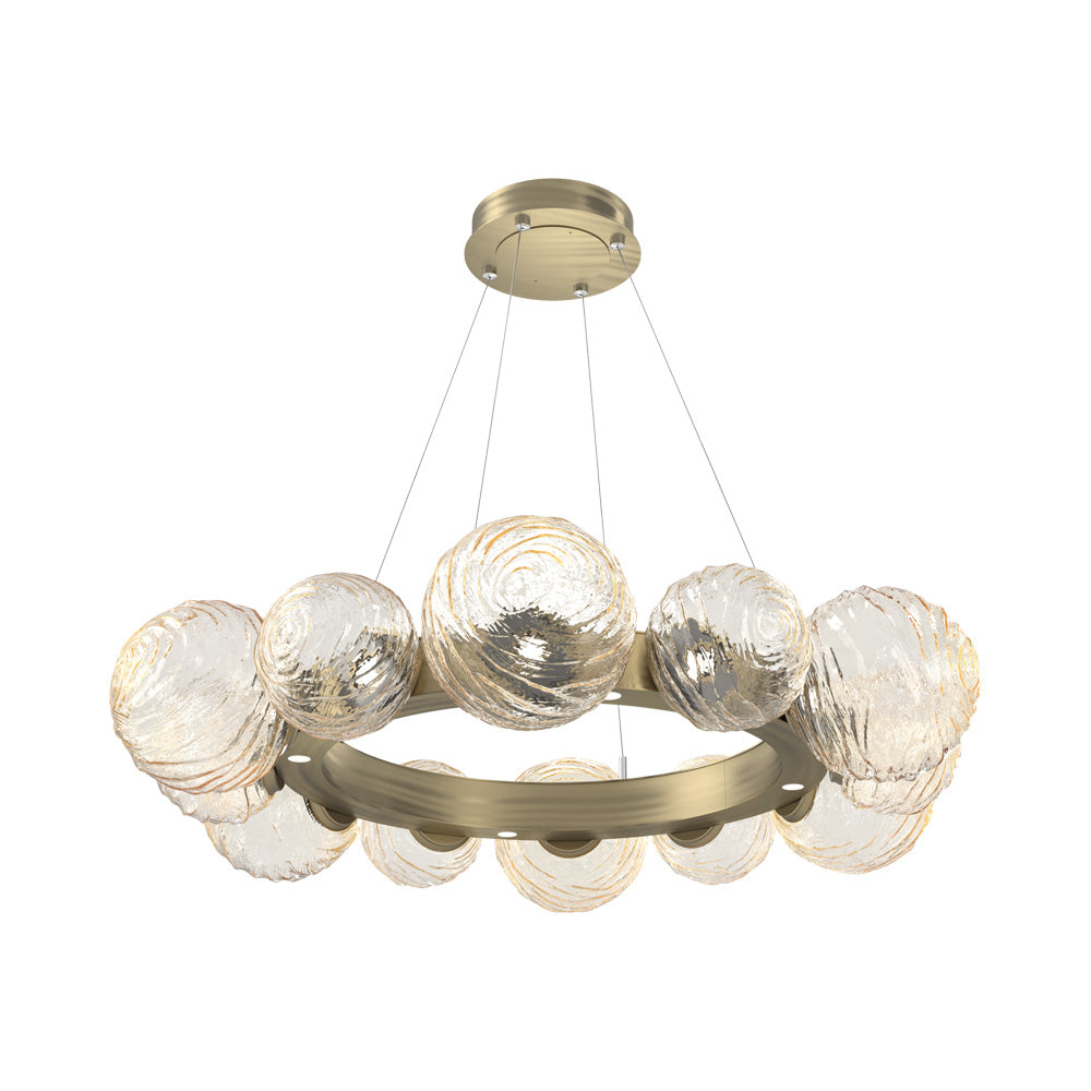 Gaia Radial Ring LED Chandelier in Heritage Brass/Amber Blown Glass (38.7-Inch).