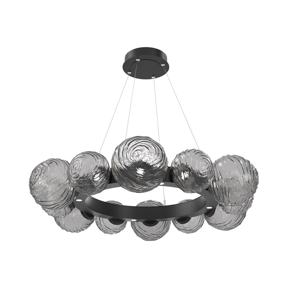 Gaia Radial Ring LED Chandelier in Matte Black/Smoke Blown Glass (38.7-Inch).