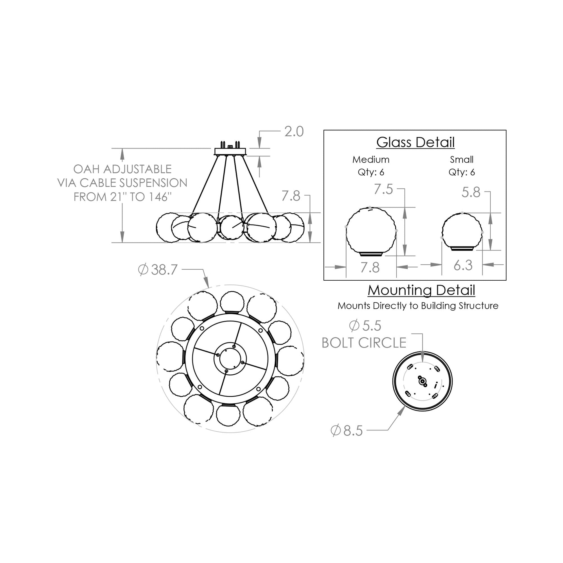 Gaia Radial Ring LED Chandelier - line drawing.
