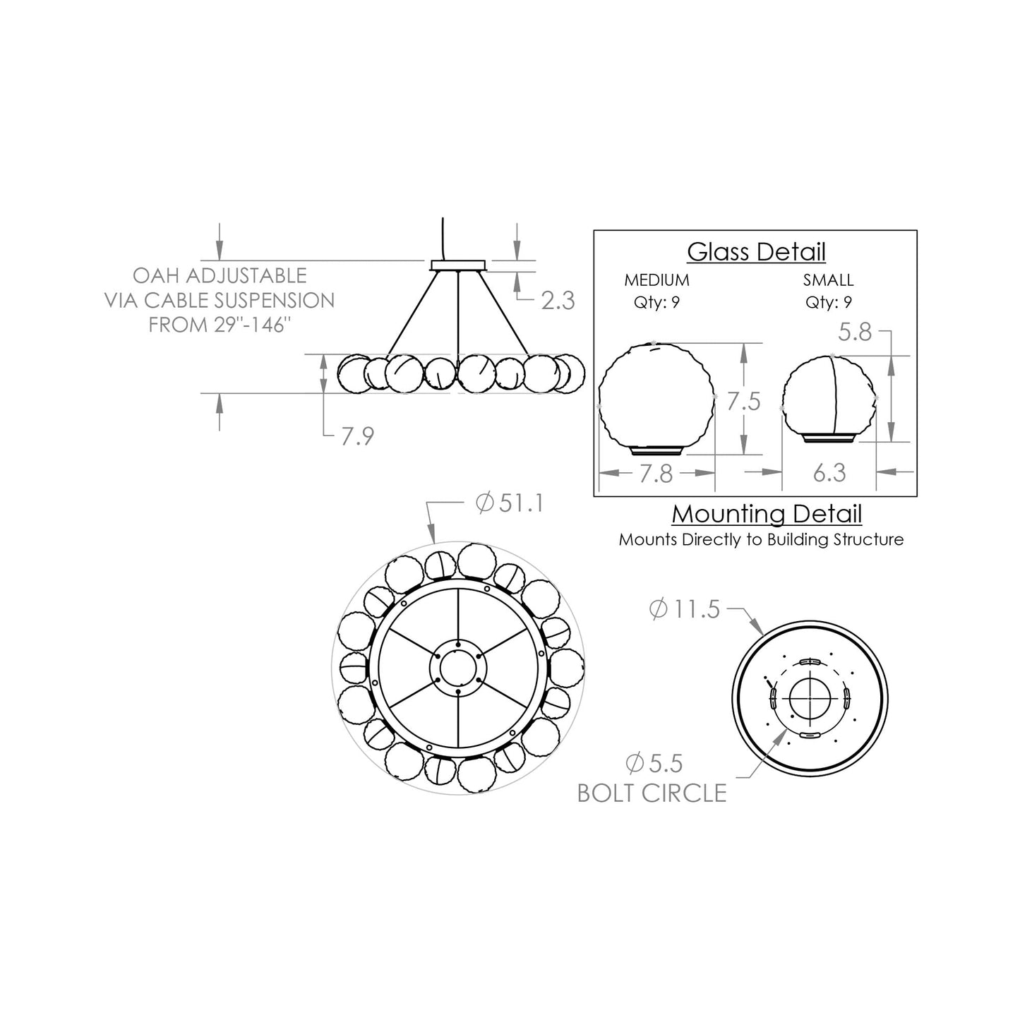 Gaia Radial Ring LED Chandelier - line drawing.