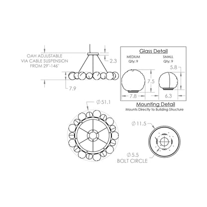 Gaia Radial Ring LED Chandelier - line drawing.