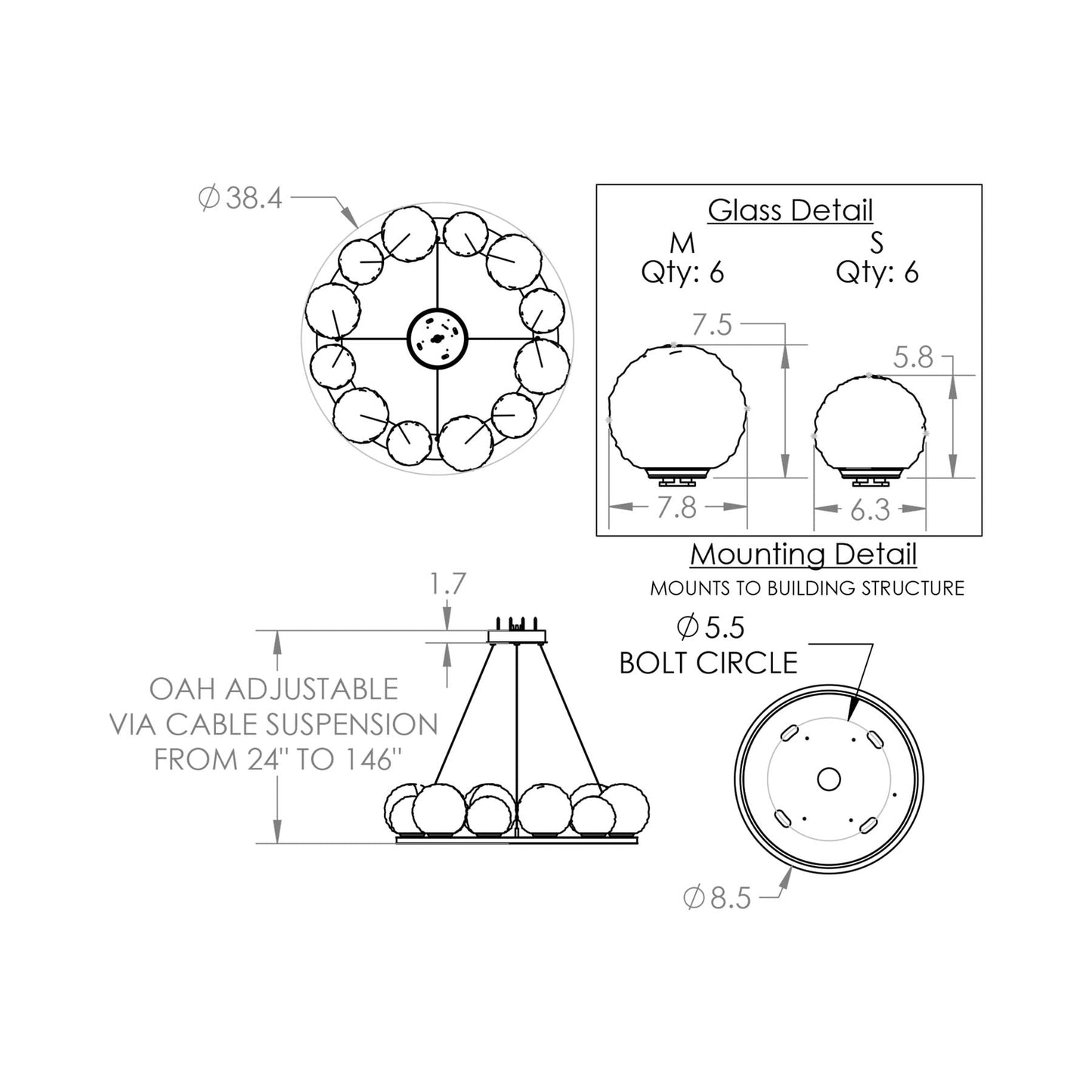 Gaia Ring LED Chandelier - line drawing.