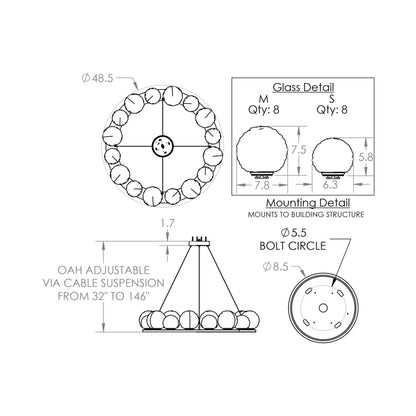 Gaia Ring LED Chandelier - line drawing.