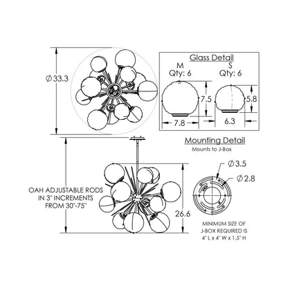 Gaia Starburst LED Chandelier - line drawing.