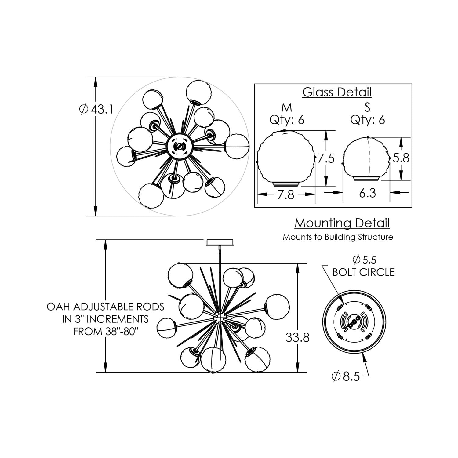 Gaia Starburst LED Chandelier - line drawing.