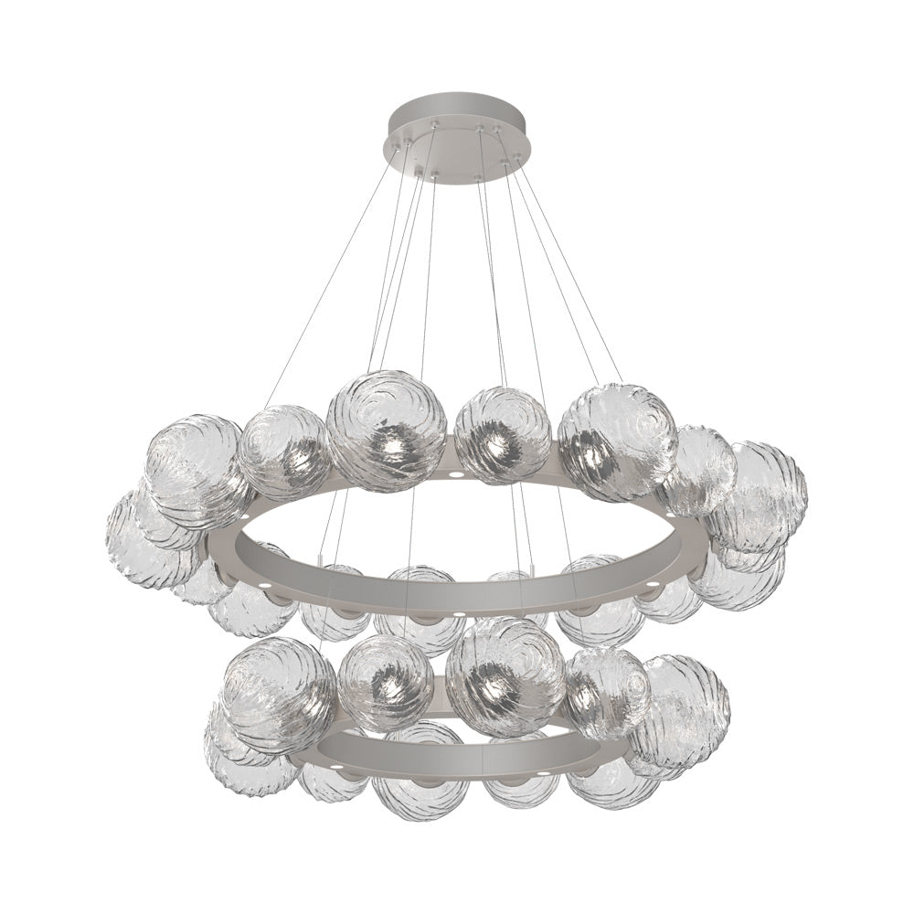 Gaia Two-Tier Radial Ring LED Chandelier in Beige Silver/Clear Blown Glass.