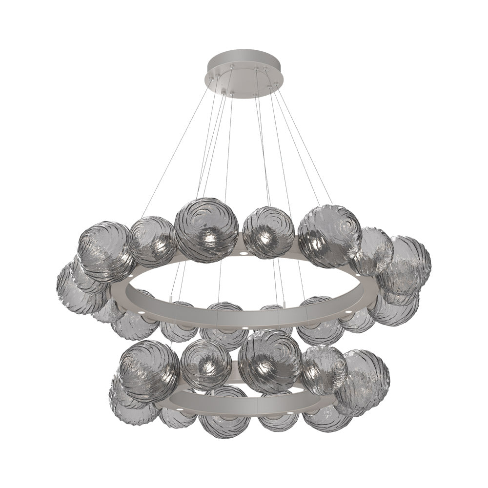 Gaia Two-Tier Radial Ring LED Chandelier in Beige Silver/Smoke Blown Glass.