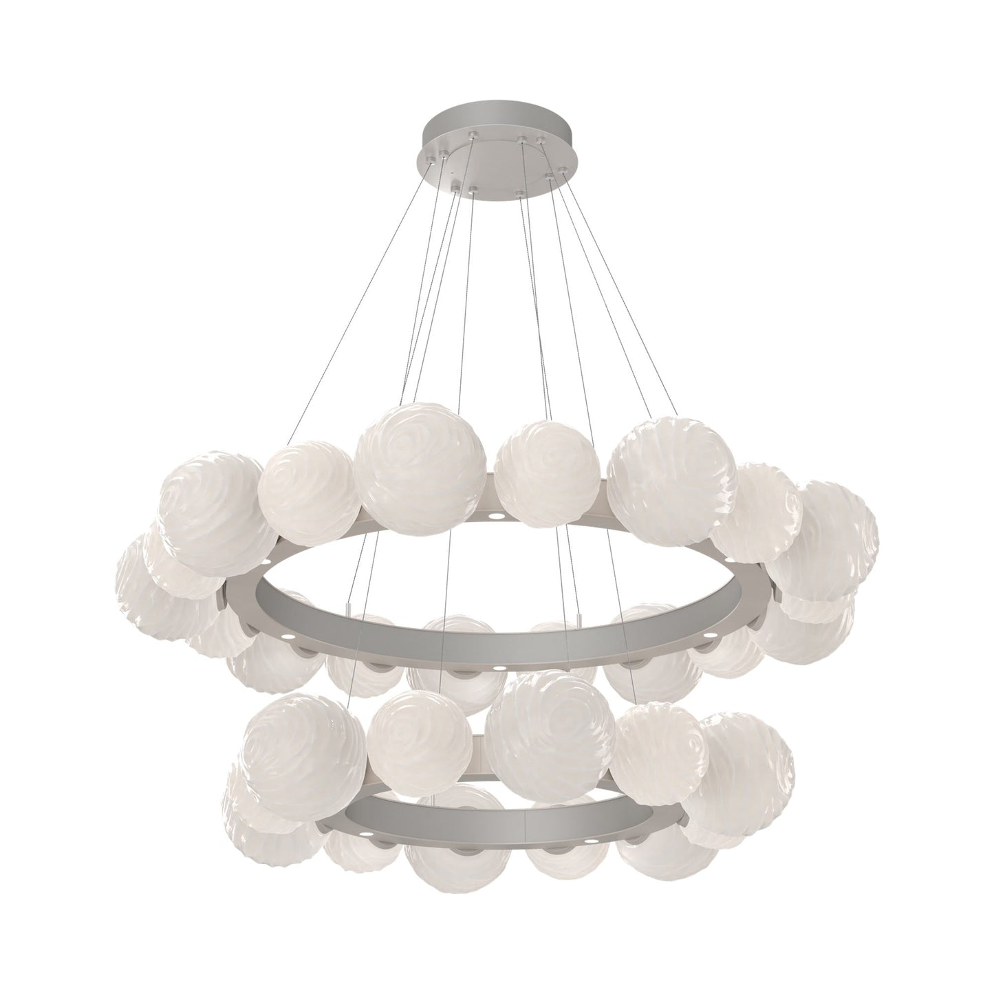 Gaia Two-Tier Radial Ring LED Chandelier in Beige Silver/White Blown Glass.