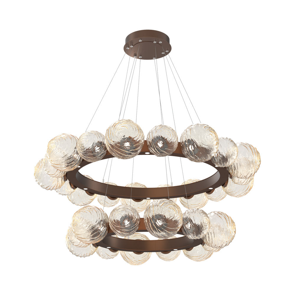 Gaia Two-Tier Radial Ring LED Chandelier in Burnished Bronze/Amber Blown Glass.