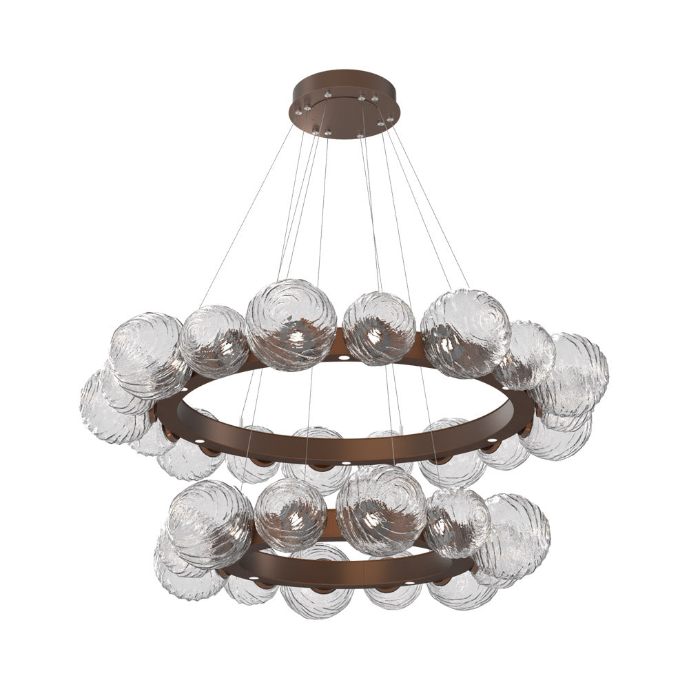 Gaia Two-Tier Radial Ring LED Chandelier in Burnished Bronze/Clear Blown Glass.