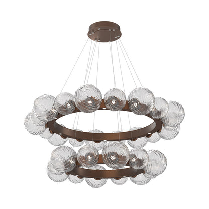 Gaia Two-Tier Radial Ring LED Chandelier in Burnished Bronze/Clear Blown Glass.