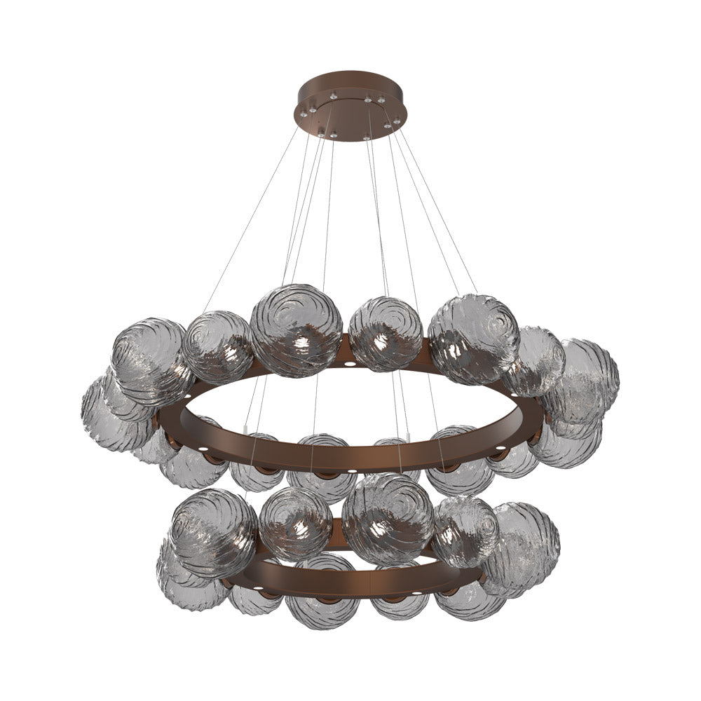 Gaia Two-Tier Radial Ring LED Chandelier in Burnished Bronze/Smoke Blown Glass.