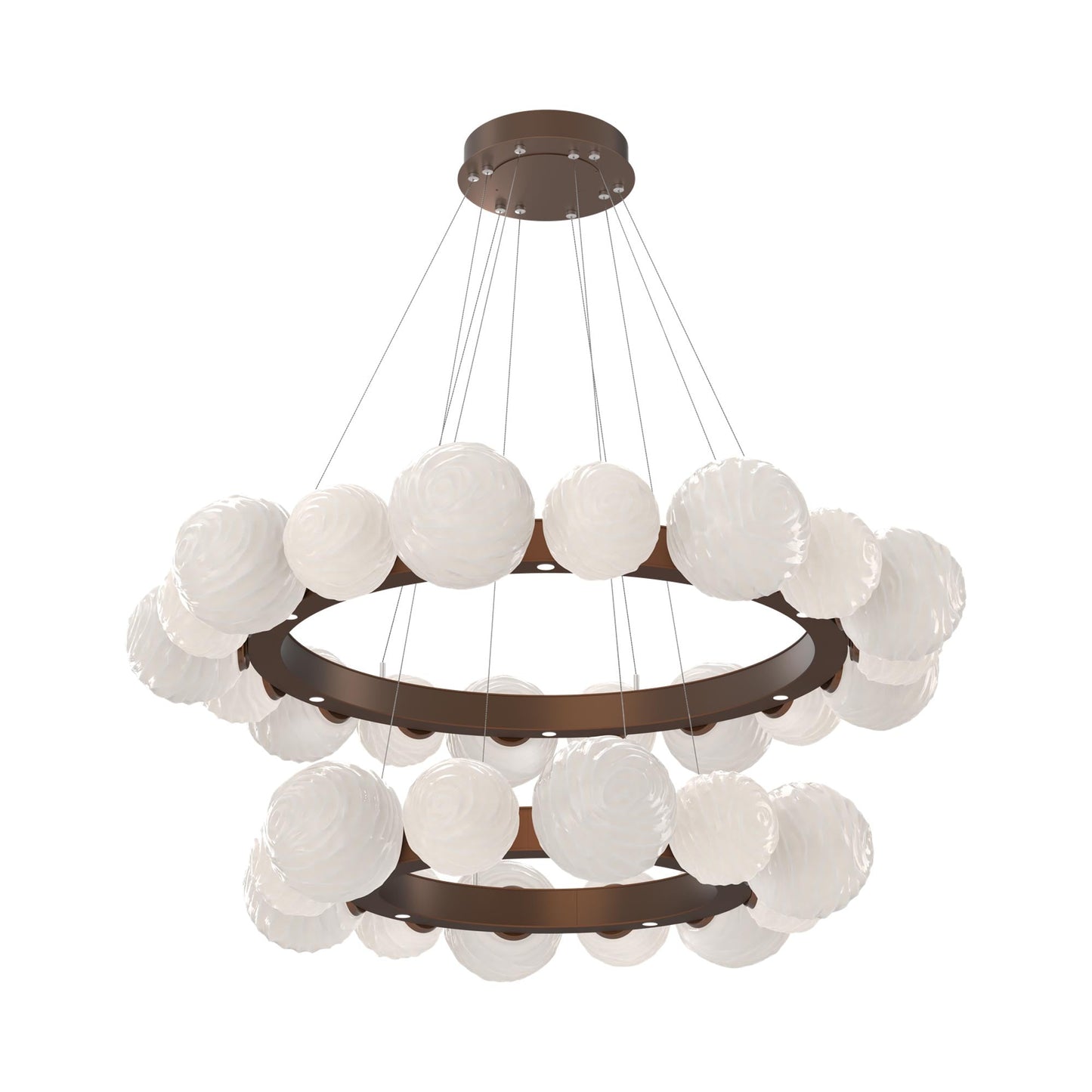 Gaia Two-Tier Radial Ring LED Chandelier in Burnished Bronze/White Blown Glass.
