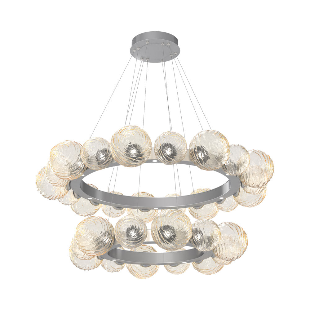 Gaia Two-Tier Radial Ring LED Chandelier in Classic Silver/Amber Blown Glass.