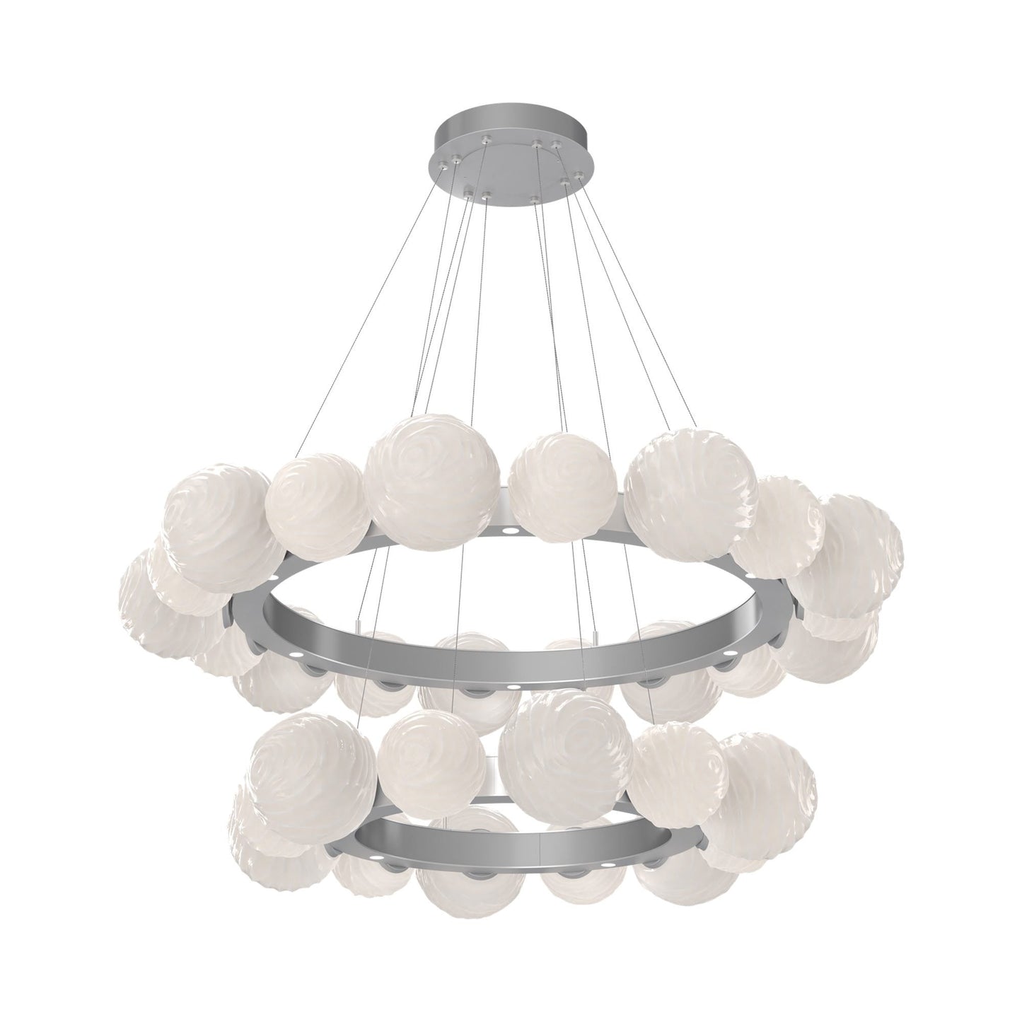 Gaia Two-Tier Radial Ring LED Chandelier in Classic Silver/White Blown Glass.