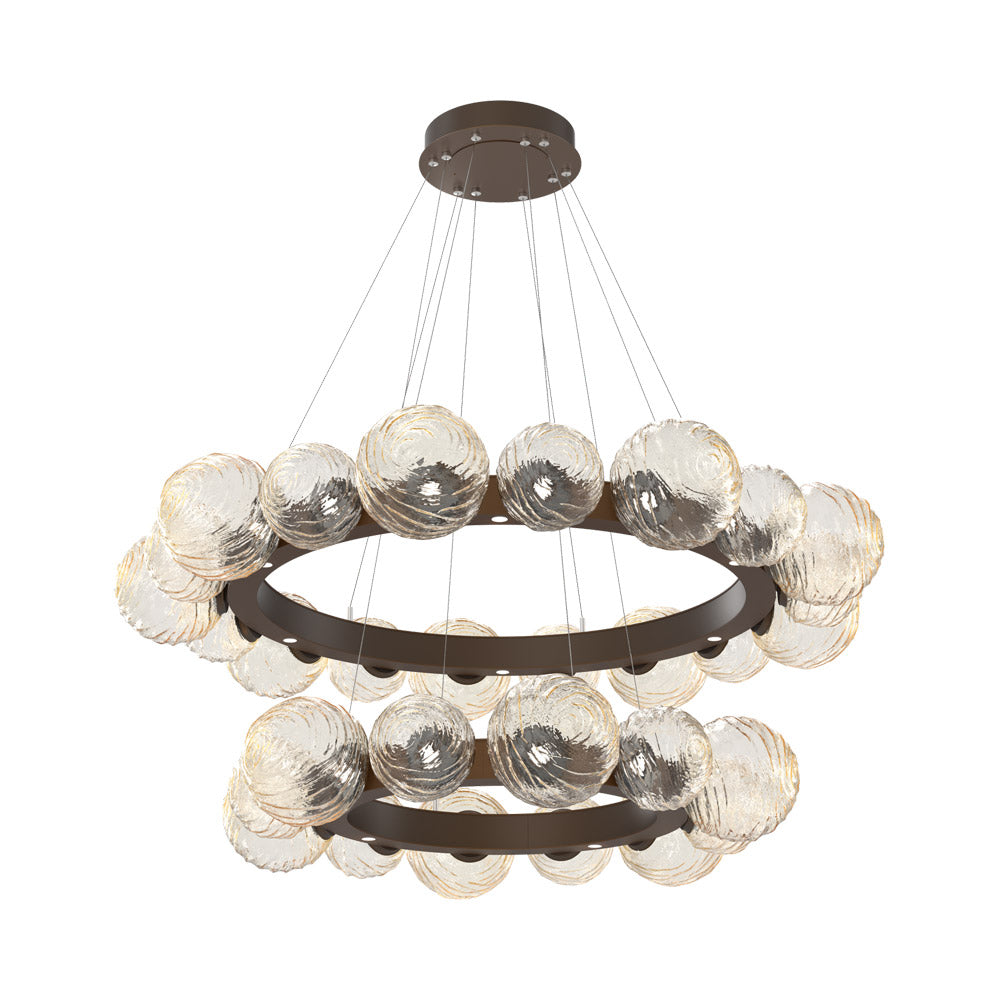 Gaia Two-Tier Radial Ring LED Chandelier in Flat Bronze/Amber Blown Glass.