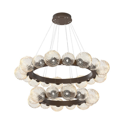Gaia Two-Tier Radial Ring LED Chandelier in Flat Bronze/Amber Blown Glass.