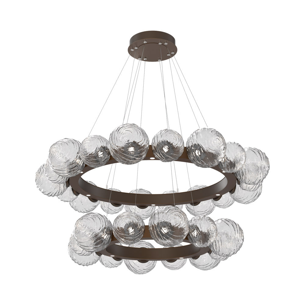Gaia Two-Tier Radial Ring LED Chandelier in Flat Bronze/Clear Blown Glass.